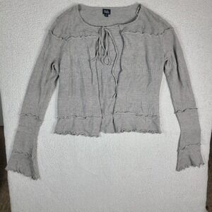 Beverly and Beck Grey Tie Front Lettuce Edge Knit Cardigan XL Pointelle Ruffle